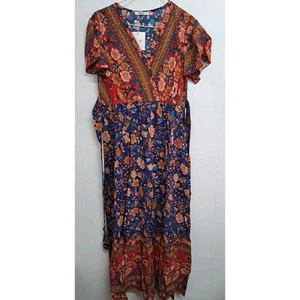 Womens Bohemia Side Split V Neck Ruffles Short Sleeves Maxi Dress with Belt Sz M - Picture 1 of 16