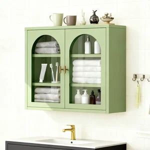 3-Tier Medicine Cabinet, Metal Wall Cabinet w/Glass Doors for Living Room - Picture 1 of 7