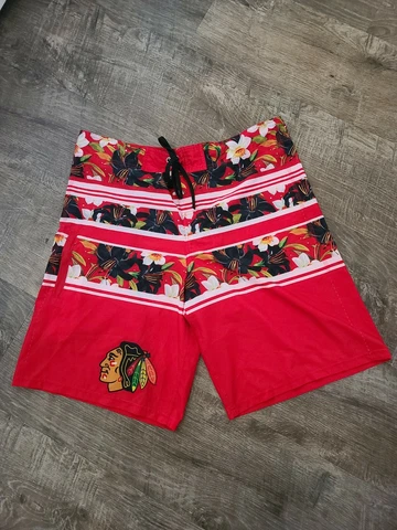 NHL Chicago BlackHawks Men’s 38 Logo Red Black Floral Stripe Swim Broad Shorts Cover