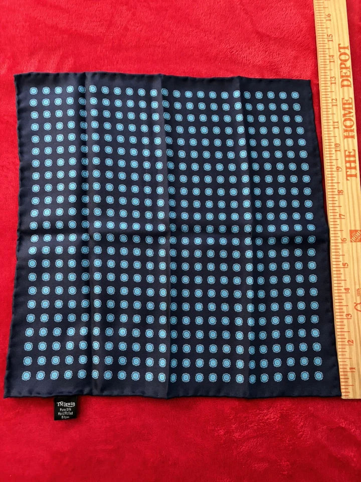 T.M. Lewin Navy 13" Pure Silk Pocket Square w/ Sky Florets Hand-rolled Edges EUC - Image 1 of 4