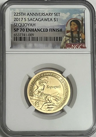 2017 S $1 NGC SP70 ENHANCED FINISH SACAGAWEA SEQUOYAH DOLLAR 225th PORTRAIT LB Cover