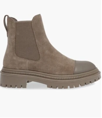 Bota Chelsea Steve Madden Mayslie Lug Sole – Camurça Taupe, Tamanho 8, Nova Sem Bo - Imagem 1 de 4