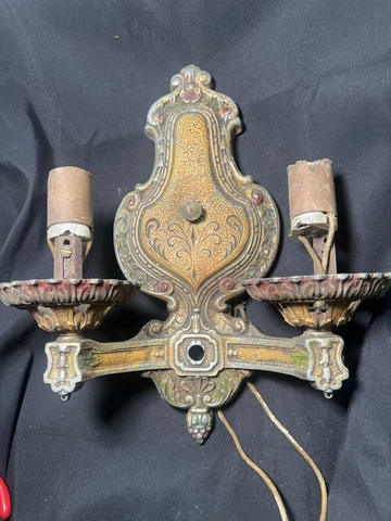 Antique Victorian Early Electric Brass Wall Sconce 2 Arm French Lights Cover