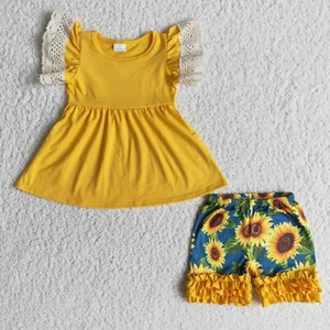 Girls Mustard Flutter Sleeve Shorts Set 2pcs Summer Outfit Sunflower Print - Picture 1 of 1