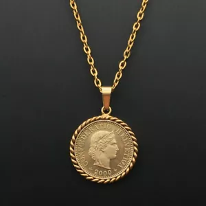 Retro Swiss Guardian Coin Pendant Vintage Gold Portrait Coin Necklace Men Women - Picture 1 of 5