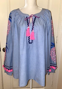 NWT LILLY PULITZER Bluebell Chambray HADDIE TUNIC TOP Embroidered Pineapples XL - Picture 1 of 11
