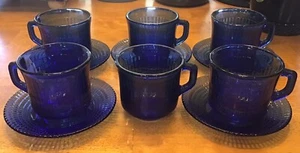 Fortecrisa Glass Cups and Saucers Cobalt Blue Mexico Ribbed EUC - Picture 1 of 13