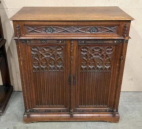 French Antique Gothic Revival Oak Wood Sideboard/Buffet/Storage Cabinet Cover