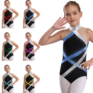 Girls Shiny Metallic Striped Gymnastics Leotard Unitard Ballet Dance Dancewear - Picture 1 of 43