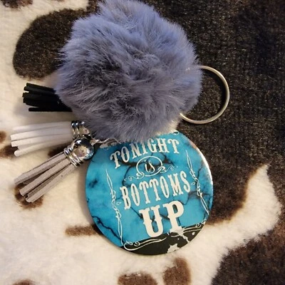 Bottoms Up Western Pom Pom Tassel Keychain Handmade Custom Key Ring - Image 1 of 2