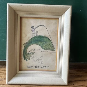 Vintage Framed Cartoon Fishing Art | Hand-drawn, Pre-1940s Frame | Cottagecore  - Picture 1 of 4