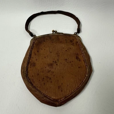 Antique 1900s Leather Mini Purse Coin Makeup Mirror Chain Kiss Clasp - Image 1 of 4