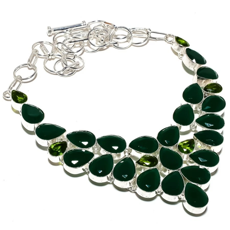 Emerald(Simulated), Peridot Gemstone 925 Sterling Silver Jewelry Necklace 18" - Image 1 of 1