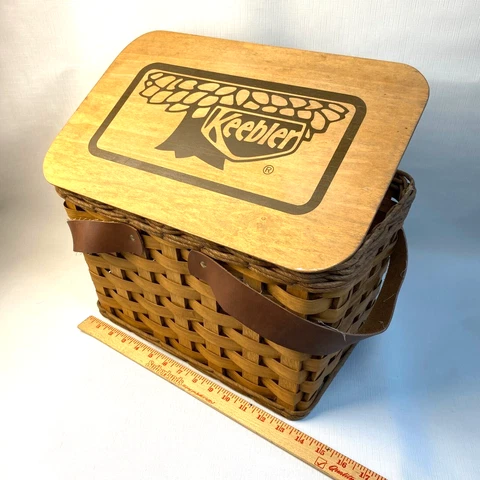 Vintage KEEBLER Woven Picnic Basket! Wooden Lid with Leather Strap Handles EUC Cover