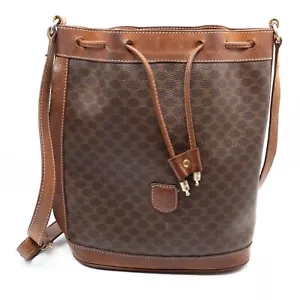 CELINE Shoulder Bag Drawstring Macadam PVC Leather Brown Authentic from JAPAN - Picture 1 of 19