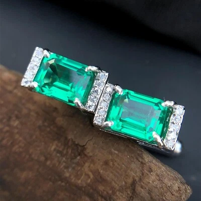 Abotoadura masculina quadra folheada a ouro branco 14K formato retangular esmeralda criada em laboratório - Imagem 1 de 4