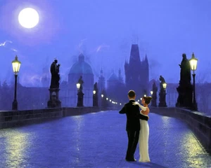 Art Poster Prague at Dusk Czech Republic St Charles Bridge Dancers Print - Picture 1 of 1