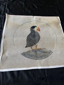 Vintage Hand Painted Needlepoint Canvas Puffin Bird on Rock 18.5"x17.5" - Picture 1 of 8