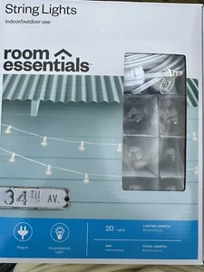 Clear Globe String Lights 20 Bulbs White Wire Room Essentials NEW - Picture 1 of 4