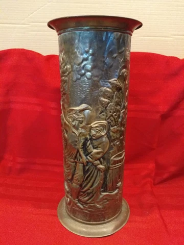 Vintage Brass Umbrella/Cane Stand Lombard England Embossed Scene 20X9.5 Cover