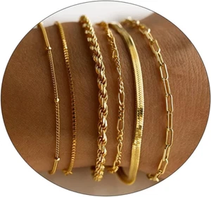 Dainty Gold Chain Bracelet Set for Women 18K Gold Plated Beaded Bracelets Herrin - Picture 1 of 7