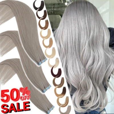 #Grey Tape In 100% Remy Human Hair Extensions THICK Full Head Skin Weft 12"-24" - Image 1 of 4