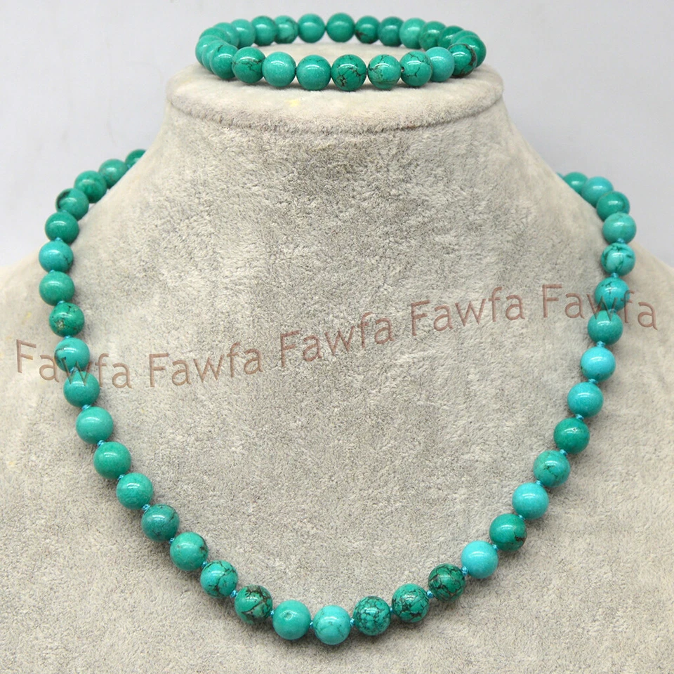 Juego de pulsera collar de cuentas de piedras preciosas redondas turquesa verde natural de 6/8/10 mm de 18"" Foto 1 de 3
