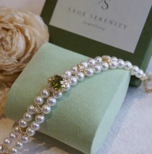 14ct Double Strand Pearl Bracelet With Peridot Green Zircon - Gift boxed. - Picture 1 of 7