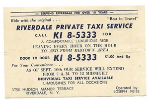 BRONX NY-1940s Riverdale Private Taxi Service Flier-Feiss-Cab-Hired Car-Limo - Picture 1 of 3