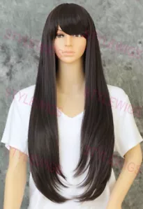 Dark Brown Extra Long Layered Straight Heat Safe Human Hair Blend Wig EVAU 4 - Picture 1 of 8