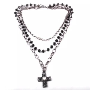 Layered Silvertone & Black Beaded Christian Cross, Western, Festival Necklace - Picture 1 of 9