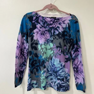 Talbots Women Sz Small Purple & Blue Floral 100% Merino Wool Sweater Lightweight - Picture 1 of 5