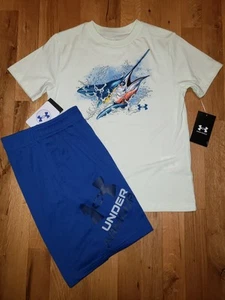 Under Armour Boys Blue Marlin Ocean Fish Shirt Short Set YMD YLG NEW  - Picture 1 of 2