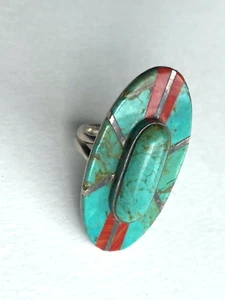 Vintage huge 925 silver hallmarked turquoise carnelian Mexican native ring 8,2 - Picture 1 of 12