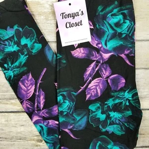 Kids Girls Toddler Leggings Black Green Purple Abstract Rose Floral S/M - Picture 1 of 3