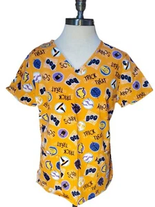 Size Small Womens SB Scrubs Halloween Scrub Top Orange Purple Trick or Treat - Picture 1 of 4