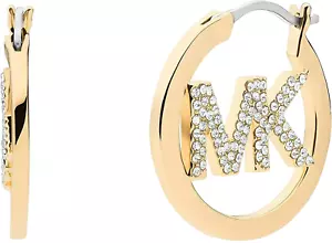 MICHAEL KORS BRASS GOLD-TONE PAVE MK CRYSTALS LOGO HOOP EARRINGS MKJ7635710 - Picture 1 of 8