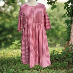 Abito smock rosa bianco righe cottagecore misto lino taglia XXL - Foto 1 di 3