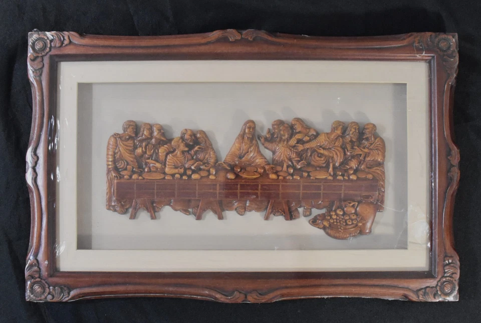 Talla de madera maciza 3D La Última Cena, marco de caoba maciza, hecho a mano, Indonesia Foto 1 de 4