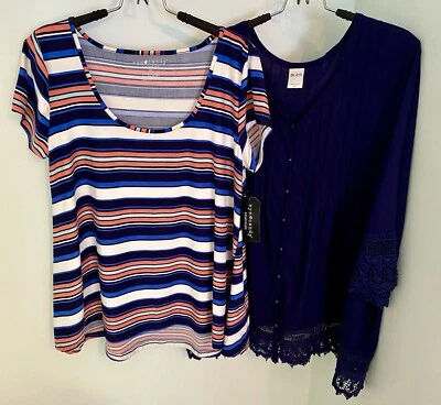 LOT OF TWO (2) Women’s 2X Tops NWT Eye Candy Striped, EUC Blair Navy Crocheted - Image 1 of 4