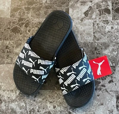 NWT PUMA COOL CAT 7C BLACK WHITE BOYS SLIP ON SINGLE STRAP SLIDES SANDALS - Image 1 of 4