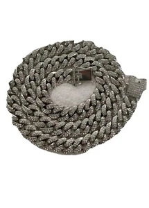 12MM Silver Diamond Necklace Iced Out Cuban Chain 24 Inch high Roller Vegas Drip - Picture 1 of 1