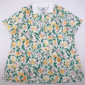 Lemon Print Top 1X Women's Plus Size Polo Shirt Short Sleeve White Collared New - Picture 1 of 10