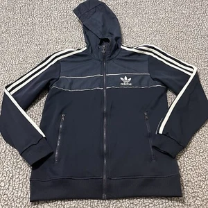 Adidas Originals Navy Hooded Track Jacket Size S Trefoil Logo Full Zip Retro - Picture 1 of 14