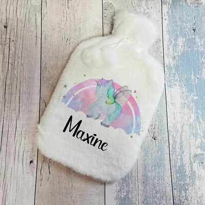 JUST TOYS ONLINE Personalised Hot Water Bottle Faux Fur Cover Candy Unicorn Rainbow Gift