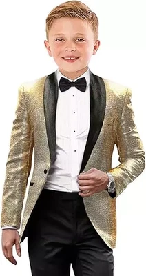 Traje de Esmoquin Brillante Lentejuelas para Niños Calce Ajustado 2 Piezas Formal Baile de graduación Vestido Traje Foto 1 de 4