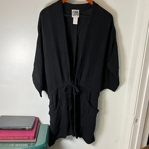 Prairie Underground 100% Cotton Black Kimono Tie Waist Lagenlook Cardigan Sz M/L - Picture 1 of 9