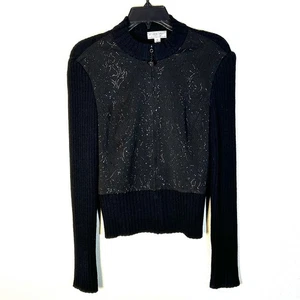 Suéter St. John Sport Marie Gris Talla M Cremallera Completa Brillante Panel Frontal Negro AGUJERO - Imagen 1 de 12