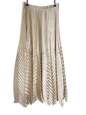 Vintage Jeanne Marc Women’s Large Gold Metallic Pleated Chevron Midi Skirt Made - Image 1 of 4