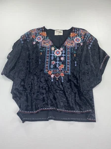 Savanna Jane Black Velvet Floral Embroidered Tunic Top Blouse M/L V Neck Dolman - Picture 1 of 10